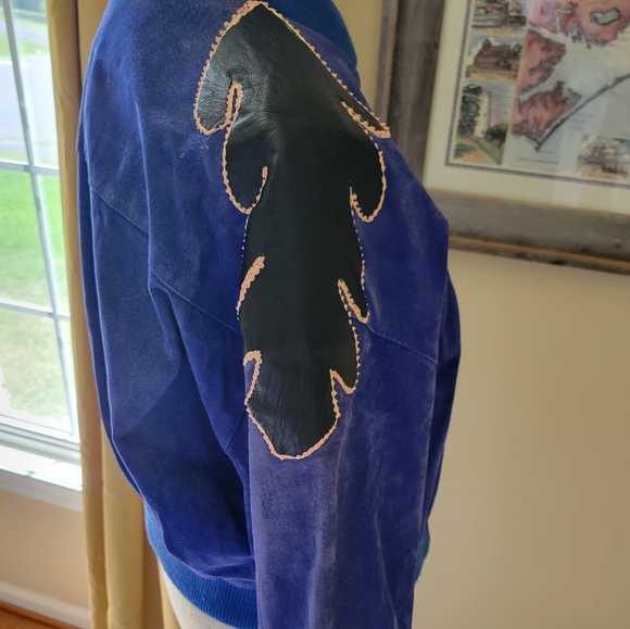 Vintage Royal Blue Suede Black Leather Patchwork Bomber Jacket Fox Run K… - Picture 7 of 16